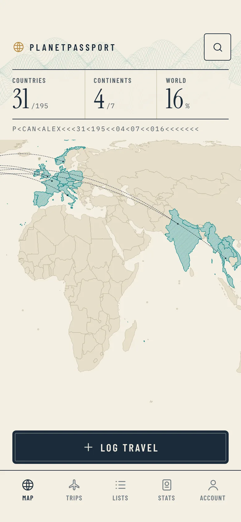 PlanetPassport map screen with visited countries