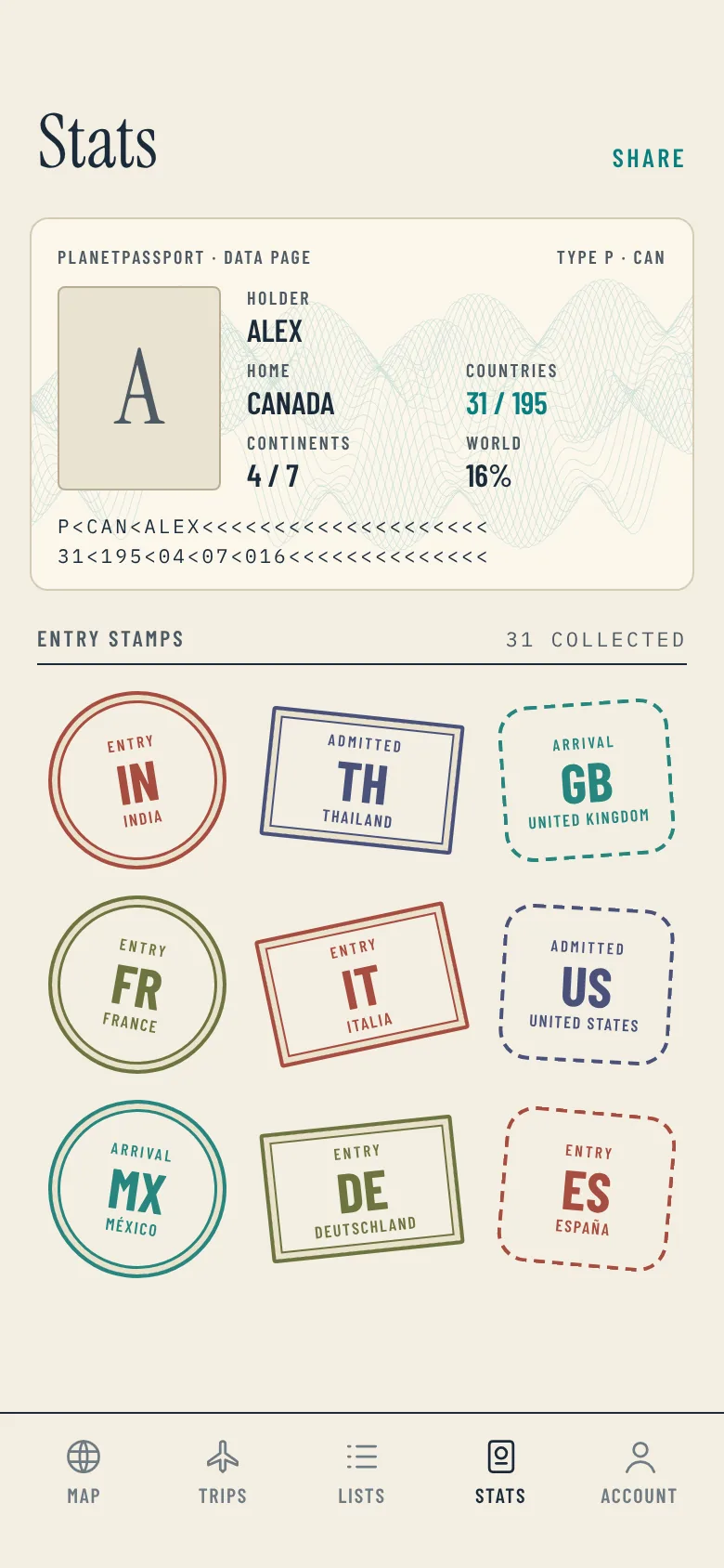 PlanetPassport stats screen with entry stamps