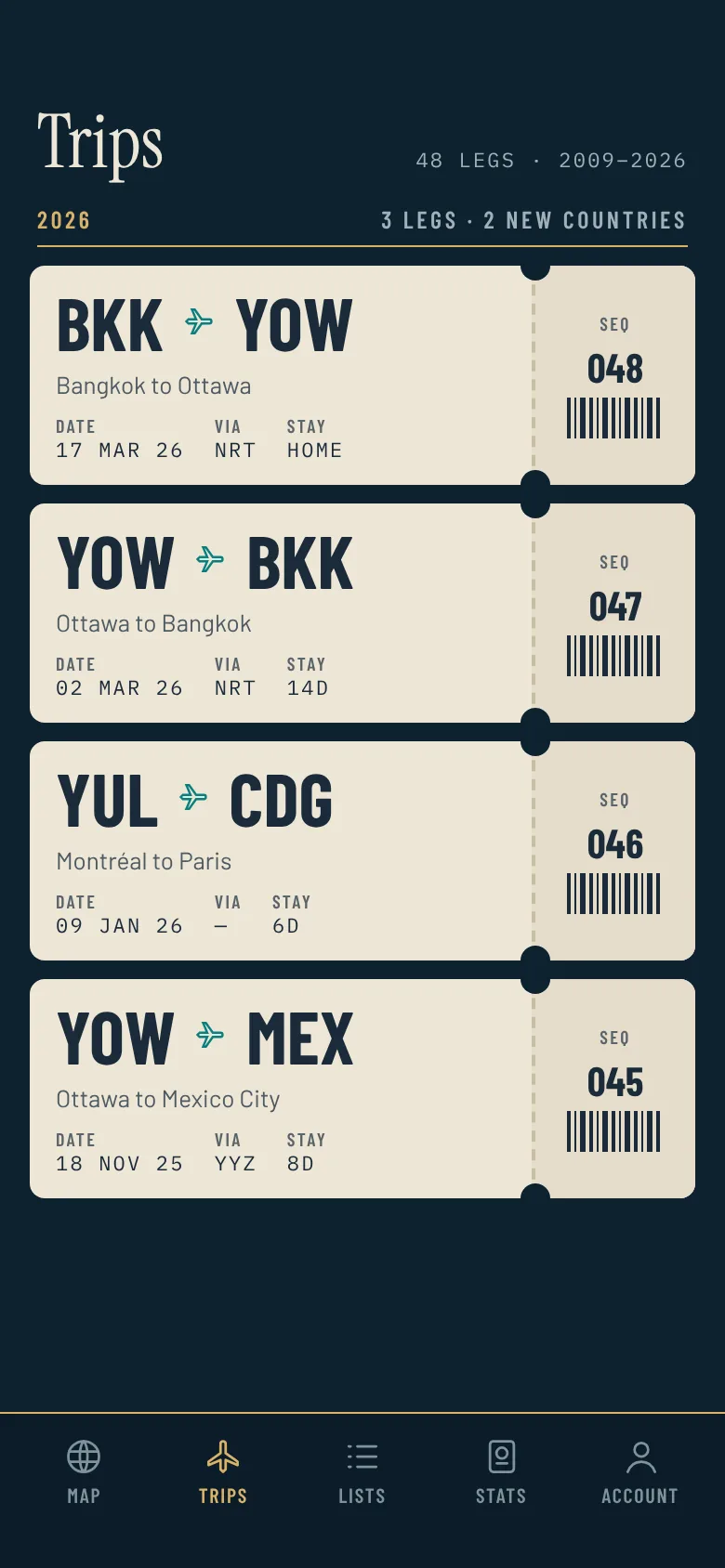 PlanetPassport trips screen with boarding-pass style trip legs